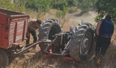 Buğday yüklü traktör devrildi