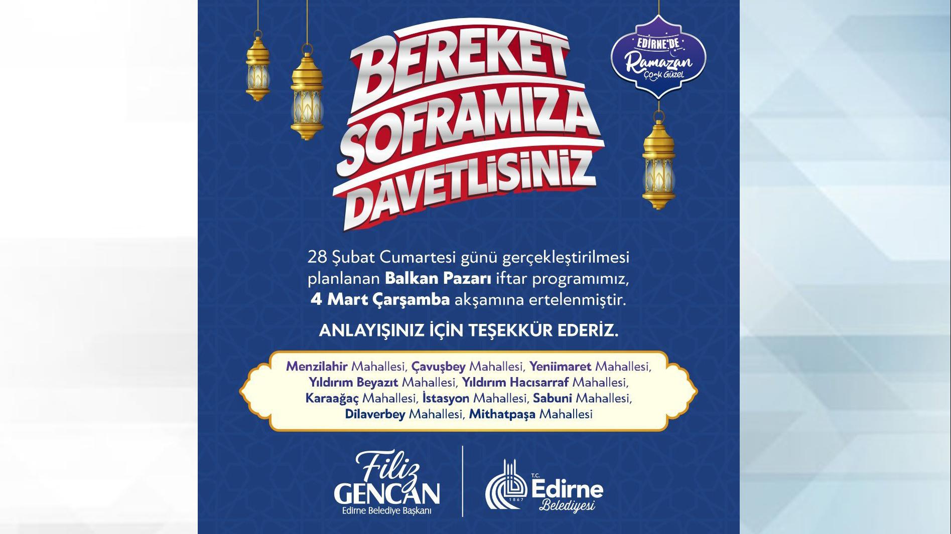 Balkan Pazarı’ndaki iftar 4 Mart’ta