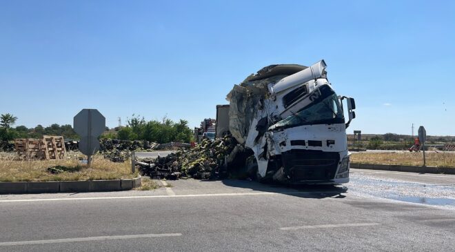 Meyve yüklü TIR devrildi